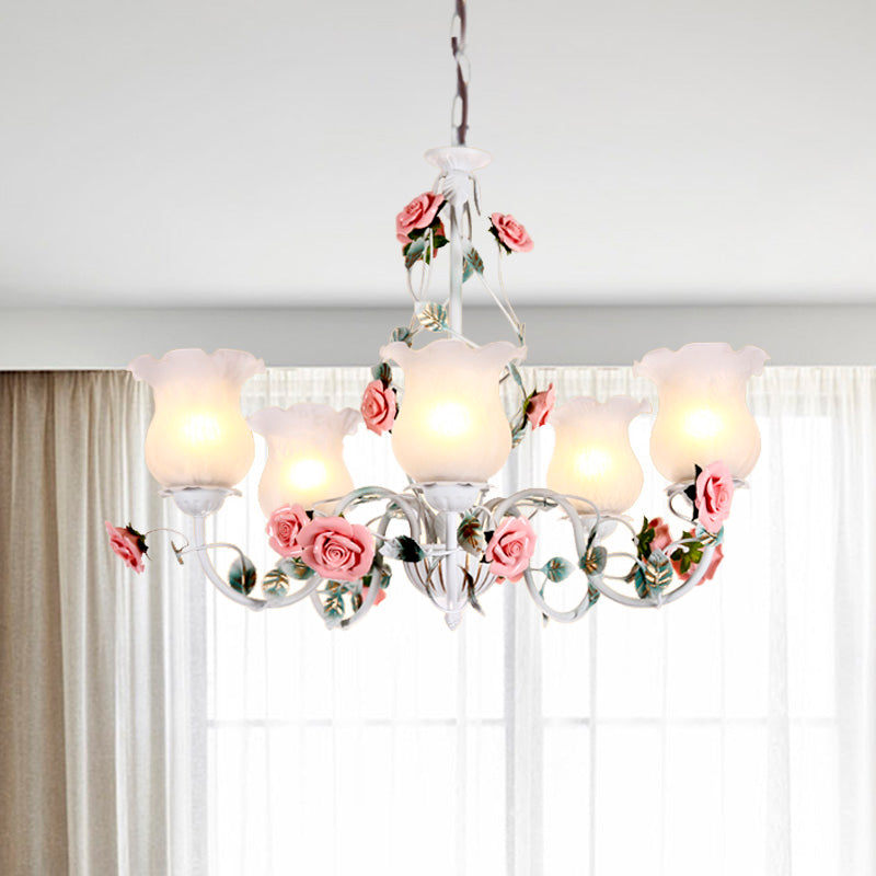 Metal White Chandelier Light Fixture Curvy Arm 3/5/6 Bulbs Pastoral Rose Down Lighting for Bedroom 5 White Clearhalo 'Ceiling Lights' 'Chandeliers' Lighting' options 407257_bcab0de2-544d-431b-8559-6b6038f9afbc