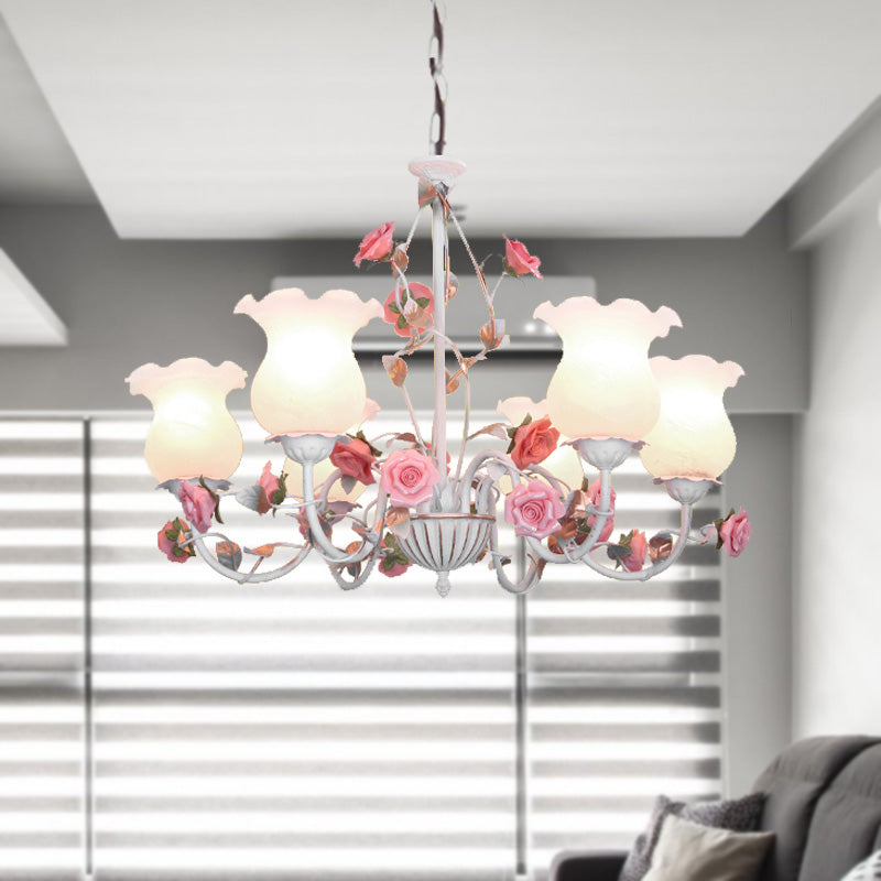 Metal White Chandelier Light Fixture Curvy Arm 3/5/6 Bulbs Pastoral Rose Down Lighting for Bedroom 6 White Clearhalo 'Ceiling Lights' 'Chandeliers' Lighting' options 407261_e2215a3d-60de-46f3-bc62-6a8fccd92f19