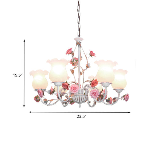 Metal White Chandelier Light Fixture Curvy Arm 3/5/6 Bulbs Pastoral Rose Down Lighting for Bedroom Clearhalo 'Ceiling Lights' 'Chandeliers' Lighting' options 407264