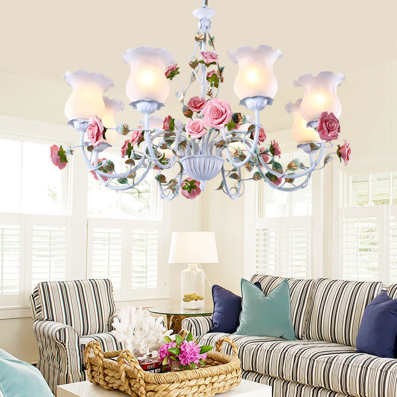 Metal White Chandelier Light Fixture Curvy Arm 3/5/6 Bulbs Pastoral Rose Down Lighting for Bedroom 8 White Clearhalo 'Ceiling Lights' 'Chandeliers' Lighting' options 407265_c109d8fc-d930-47e6-947b-b8ae5b15b911