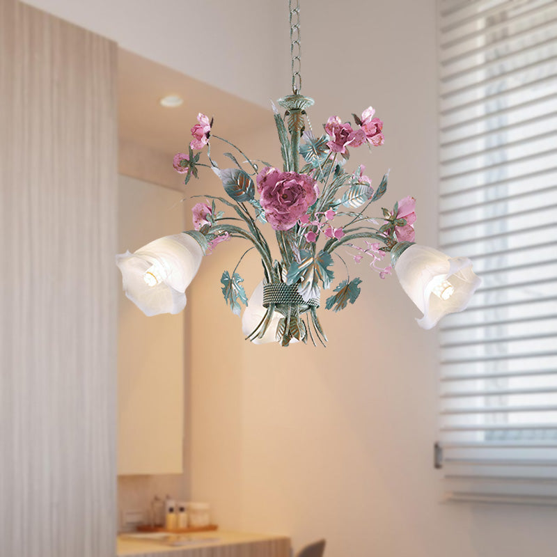 Aqua Floral Chandelier Lamp Pastoral Metal 3/5/8 Heads Living Room LED Ceiling Pendant Light 3 Aqua Clearhalo 'Ceiling Lights' 'Chandeliers' Lighting' options 407269_447a3bbd-38d8-44ac-83a5-e22ca87cd81d