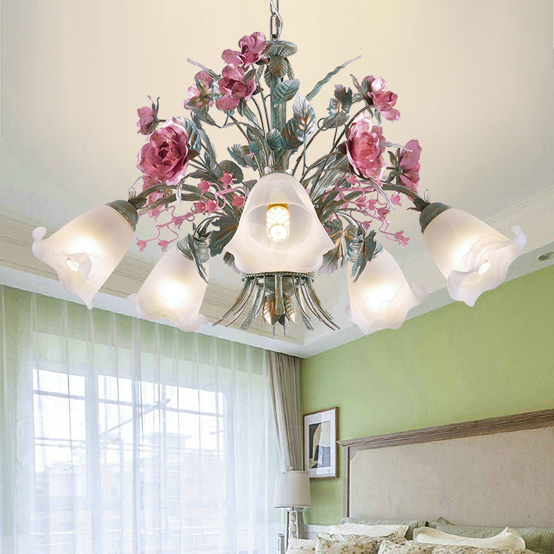 Aqua Floral Chandelier Lamp Pastoral Metal 3/5/8 Heads Living Room LED Ceiling Pendant Light Clearhalo 'Ceiling Lights' 'Chandeliers' Lighting' options 407274