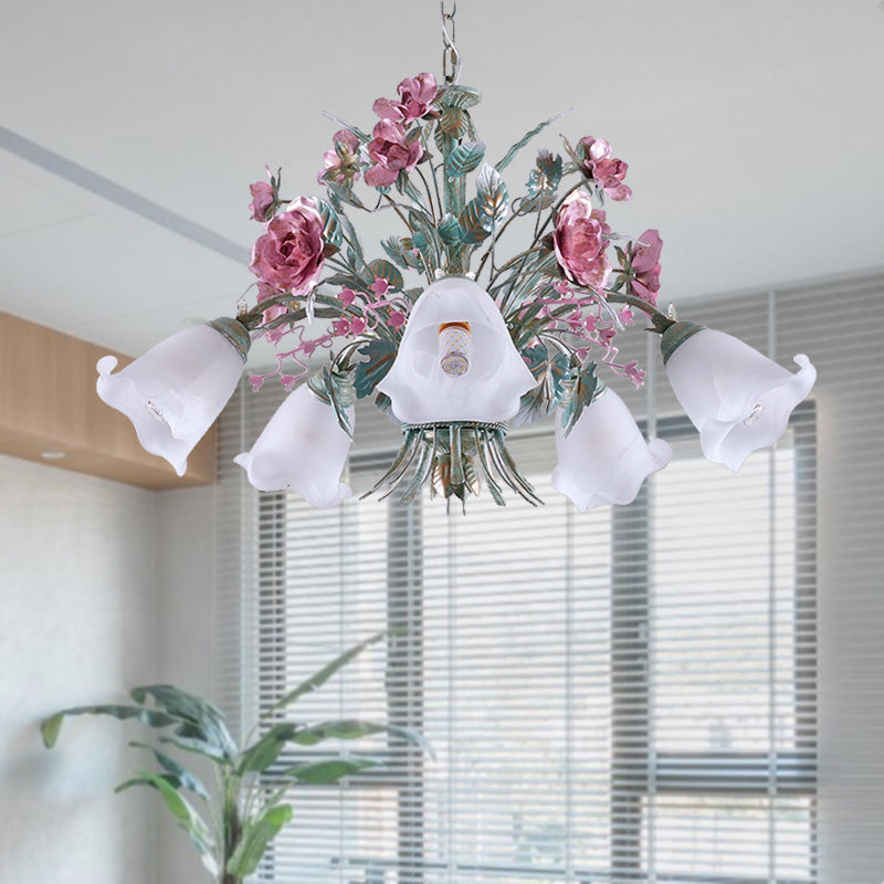 Aqua Floral Chandelier Lamp Pastoral Metal 3/5/8 Heads Living Room LED Ceiling Pendant Light Clearhalo 'Ceiling Lights' 'Chandeliers' Lighting' options 407275