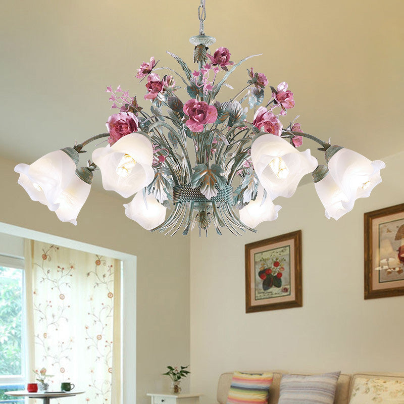 Aqua Floral Chandelier Lamp Pastoral Metal 3/5/8 Heads Living Room LED Ceiling Pendant Light Clearhalo 'Ceiling Lights' 'Chandeliers' Lighting' options 407278