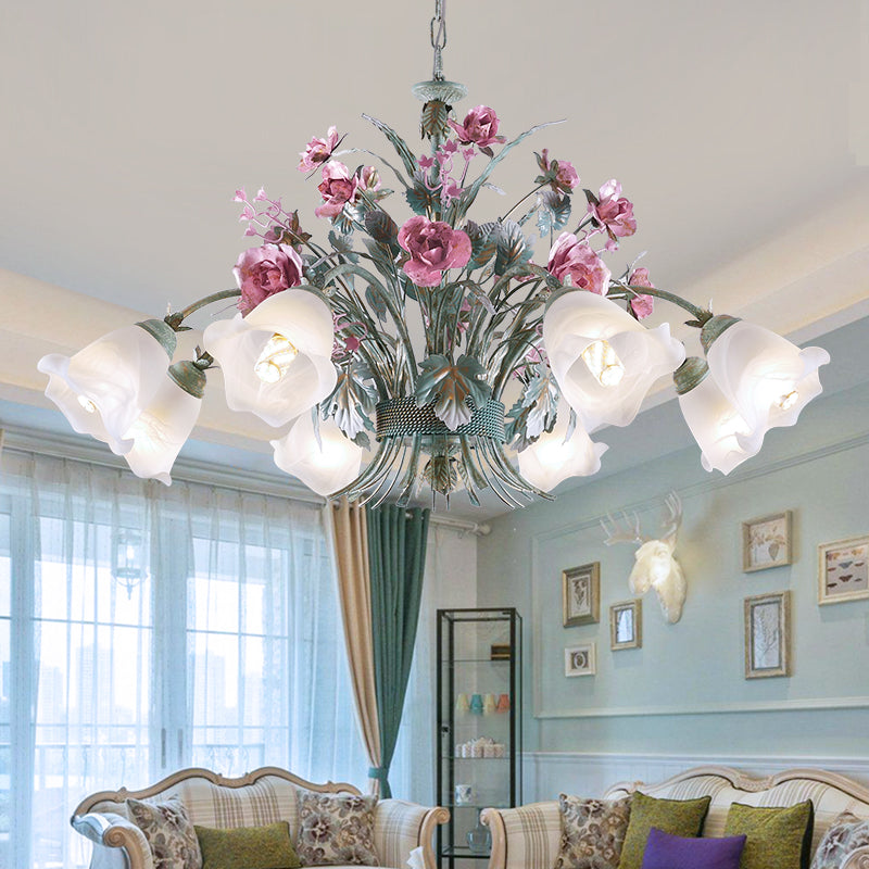 Aqua Floral Chandelier Lamp Pastoral Metal 3/5/8 Heads Living Room LED Ceiling Pendant Light Clearhalo 'Ceiling Lights' 'Chandeliers' Lighting' options 407279