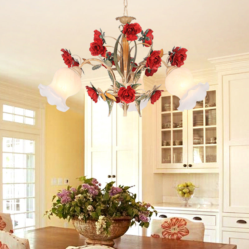 Pastoral Scalloped Chandelier Pendant Light 3/6/8 Heads Metal LED Flower Suspension Lighting in Brown 3 Brown Clearhalo 'Ceiling Lights' 'Chandeliers' Lighting' options 407282_308ef9d1-0f5b-4b2f-ba94-098e8187d974