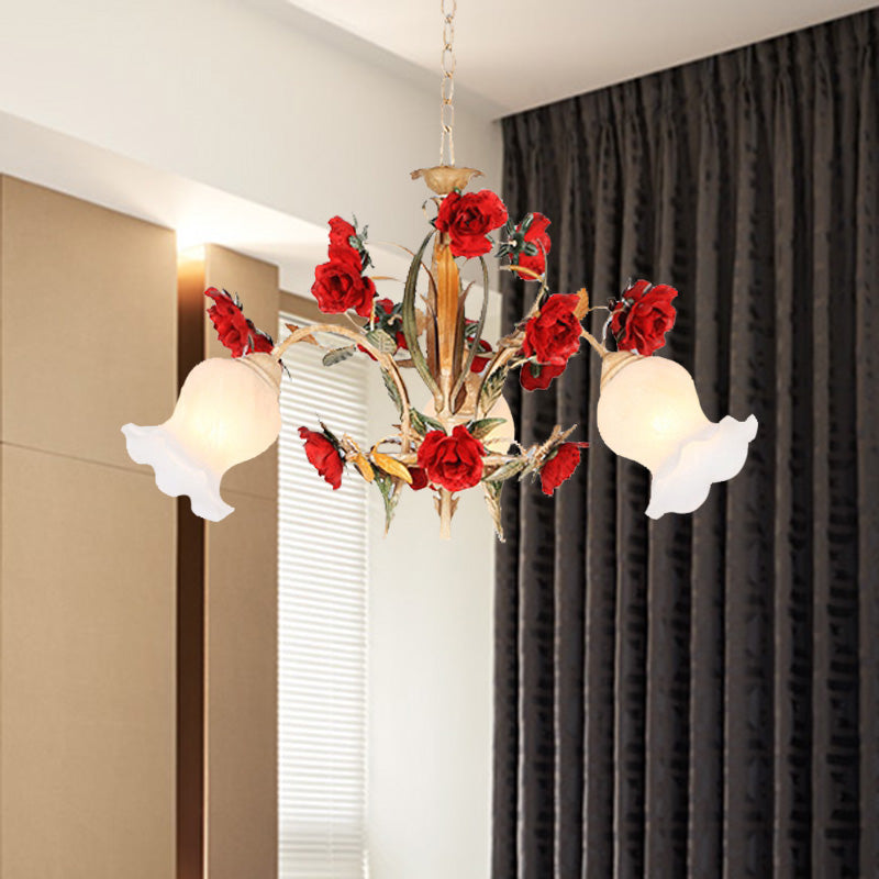 Pastoral Scalloped Chandelier Pendant Light 3/6/8 Heads Metal LED Flower Suspension Lighting in Brown Clearhalo 'Ceiling Lights' 'Chandeliers' Lighting' options 407283