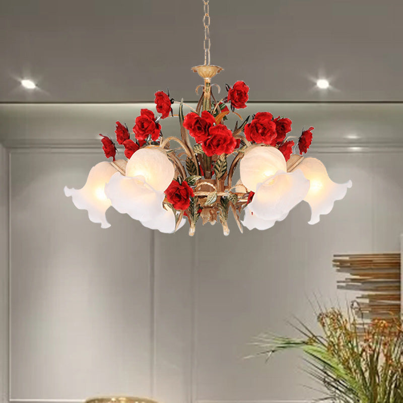 Pastoral Scalloped Chandelier Pendant Light 3/6/8 Heads Metal LED Flower Suspension Lighting in Brown Clearhalo 'Ceiling Lights' 'Chandeliers' Lighting' options 407287