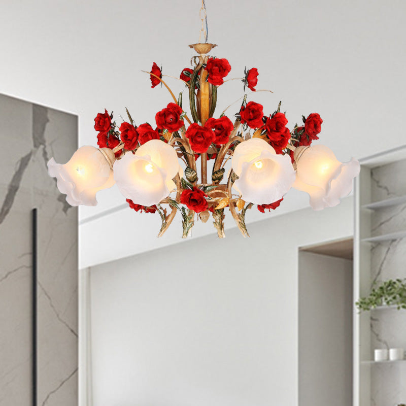 Pastoral Scalloped Chandelier Pendant Light 3/6/8 Heads Metal LED Flower Suspension Lighting in Brown Clearhalo 'Ceiling Lights' 'Chandeliers' Lighting' options 407291