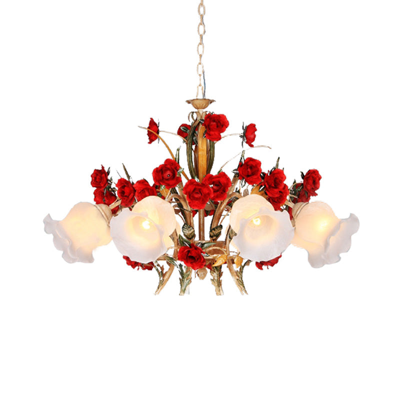 Pastoral Scalloped Chandelier Pendant Light 3/6/8 Heads Metal LED Flower Suspension Lighting in Brown Clearhalo 'Ceiling Lights' 'Chandeliers' Lighting' options 407293