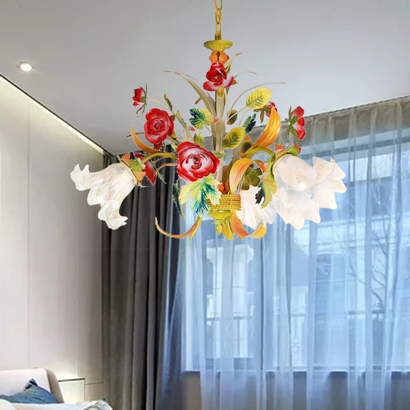 Metal Yellow Chandelier Lighting Flower 3/6/8 Bulbs Vintage LED Hanging Light for Living Room 3 Yellow Clearhalo 'Ceiling Lights' 'Chandeliers' Lighting' options 407295_de2b5b19-9965-408a-a794-3e90f8e84625