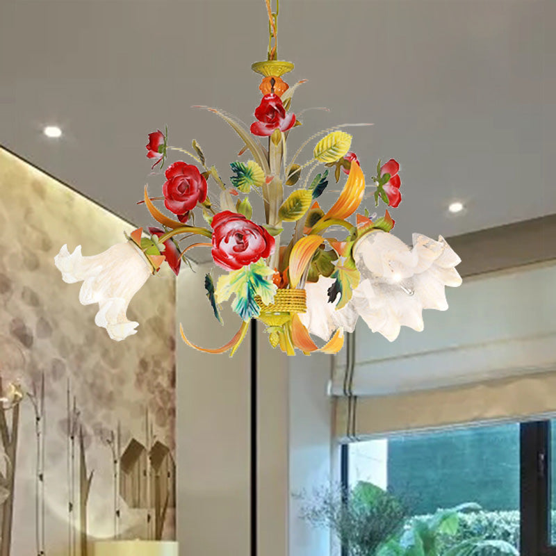 Metal Yellow Chandelier Lighting Flower 3/6/8 Bulbs Vintage LED Hanging Light for Living Room Clearhalo 'Ceiling Lights' 'Chandeliers' Lighting' options 407296