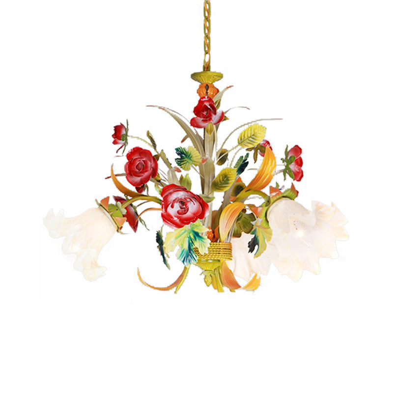 Metal Yellow Chandelier Lighting Flower 3/6/8 Bulbs Vintage LED Hanging Light for Living Room Clearhalo 'Ceiling Lights' 'Chandeliers' Lighting' options 407297