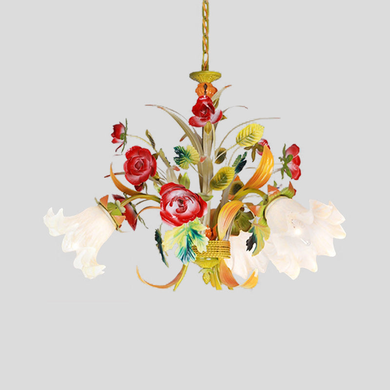 Metal Yellow Chandelier Lighting Flower 3/6/8 Bulbs Vintage LED Hanging Light for Living Room Clearhalo 'Ceiling Lights' 'Chandeliers' Lighting' options 407298