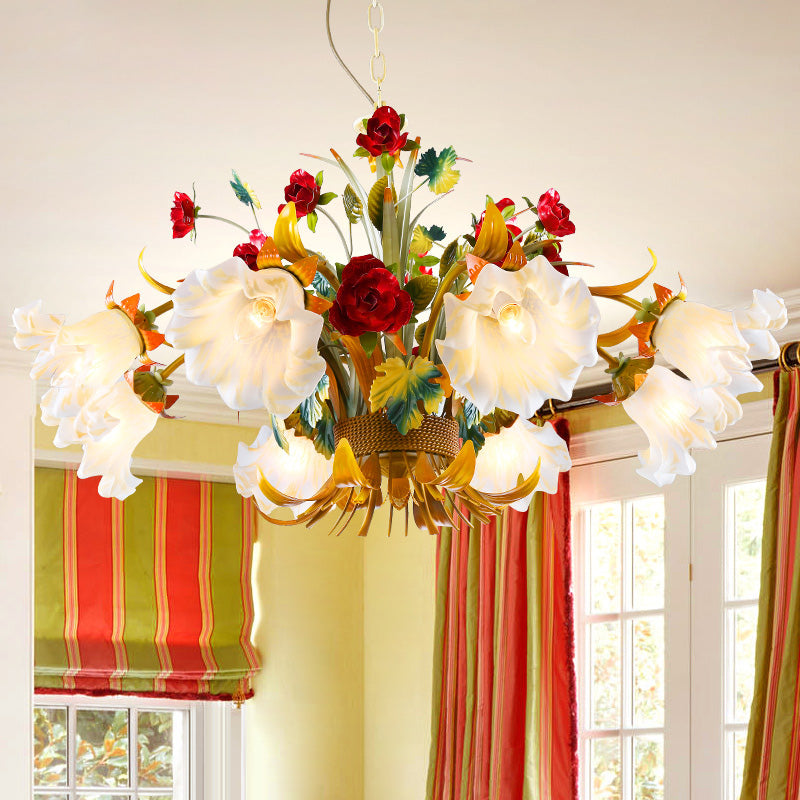 Metal Yellow Chandelier Lighting Flower 3/6/8 Bulbs Vintage LED Hanging Light for Living Room 8 Yellow Clearhalo 'Ceiling Lights' 'Chandeliers' Lighting' options 407304_977d29f4-c0e3-476f-a14f-9833d8c3f91c