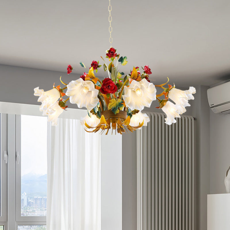 Metal Yellow Chandelier Lighting Flower 3/6/8 Bulbs Vintage LED Hanging Light for Living Room Clearhalo 'Ceiling Lights' 'Chandeliers' Lighting' options 407305