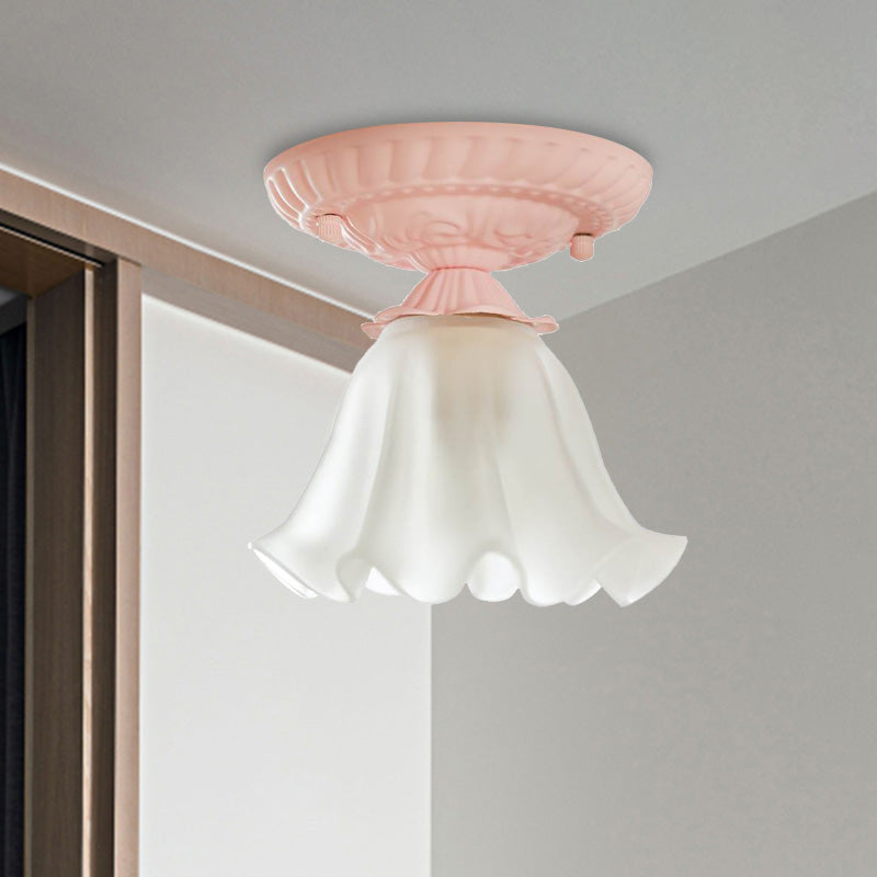 Scalloped Metal Ceiling Light Country 1 Bulb Living Room Flush Mount Lighting in White/Pink/Blue Pink Clearhalo 'Ceiling Lights' 'Close To Ceiling Lights' 'Close to ceiling' 'Flush mount' Lighting' 407308