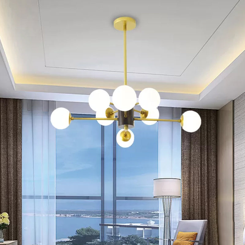 Modernist Global Milk Glass Chandelier with Burst Design 6/8/9 Lights Hanging Ceiling Lamp in Gold Clearhalo 'Ceiling Lights' 'Chandeliers' 'Glass shade' 'Glass' 'Modern Chandeliers' 'Modern' Lighting' 409393