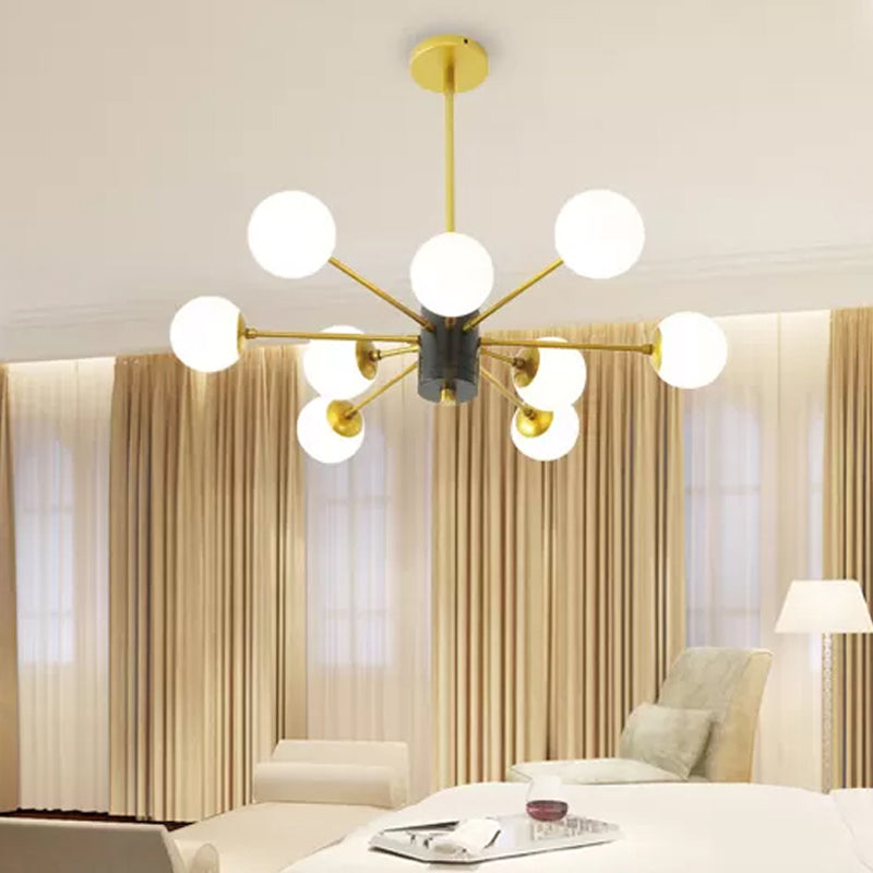 Modernist Global Milk Glass Chandelier with Burst Design 6/8/9 Lights Hanging Ceiling Lamp in Gold Clearhalo 'Ceiling Lights' 'Chandeliers' 'Glass shade' 'Glass' 'Modern Chandeliers' 'Modern' Lighting' 409394