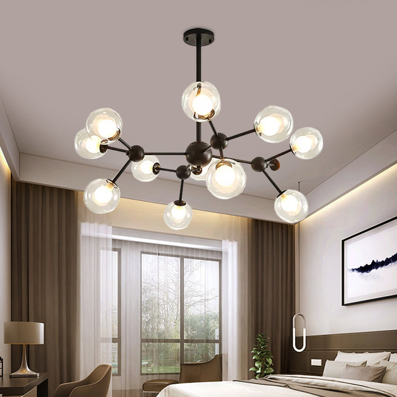 Clear Glass Bubble Chandelier Lamp with Starburst Design Modern 9/12/15 Lights Hanging Light Fixture in Black/Gold Clearhalo 'Ceiling Lights' 'Chandeliers' 'Glass shade' 'Glass' 'Modern Chandeliers' 'Modern' Lighting' 409405