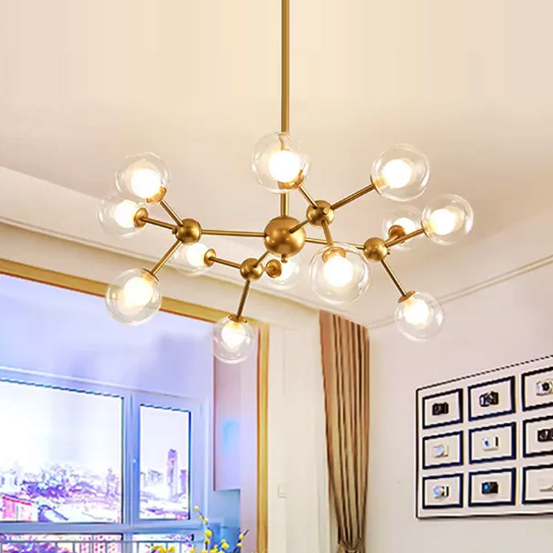 Clear Glass Bubble Chandelier Lamp with Starburst Design Modern 9/12/15 Lights Hanging Light Fixture in Black/Gold Clearhalo 'Ceiling Lights' 'Chandeliers' 'Glass shade' 'Glass' 'Modern Chandeliers' 'Modern' Lighting' 409409