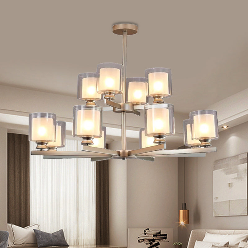 2-Tier Cylinder White Glass Chandelier with Radial Design Modernist 12 Lights Black/Gold/Sliver Hanging Light Fixture Clearhalo 'Ceiling Lights' 'Chandeliers' 'Glass shade' 'Glass' 'Modern Chandeliers' 'Modern' Lighting' 409410