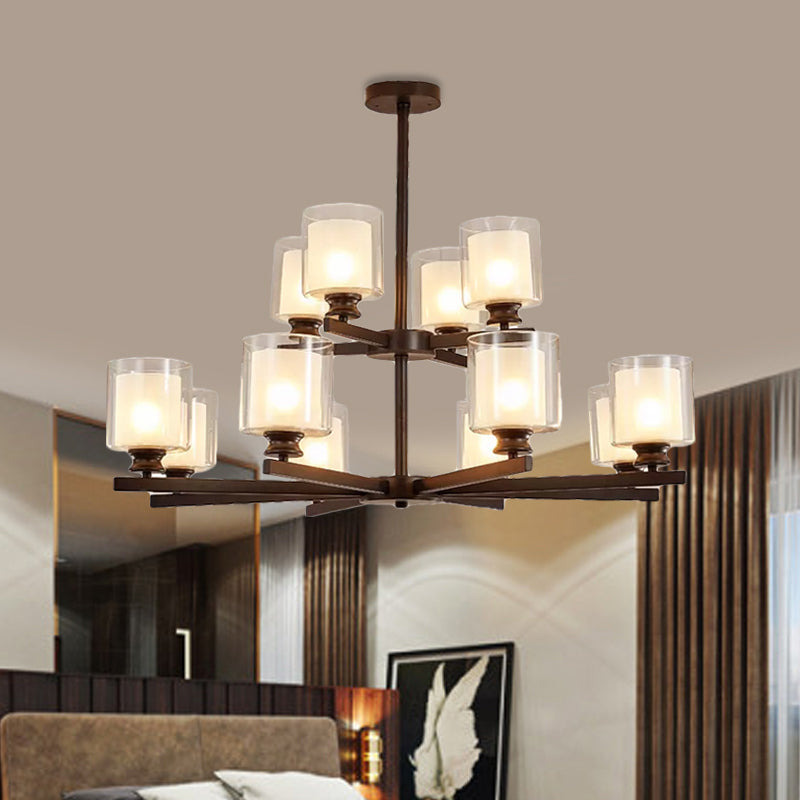 2-Tier Cylinder White Glass Chandelier with Radial Design Modernist 12 Lights Black/Gold/Sliver Hanging Light Fixture Clearhalo 'Ceiling Lights' 'Chandeliers' 'Glass shade' 'Glass' 'Modern Chandeliers' 'Modern' Lighting' 409411