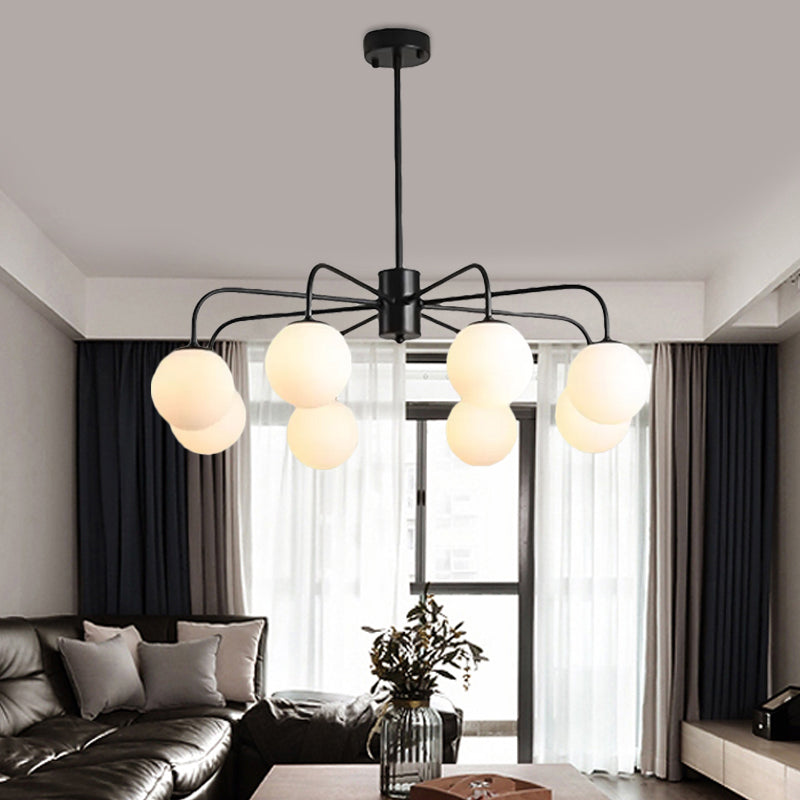 White Glass Globe Chandelier Modernist with Radial Design 6/8/10 Lights Hanging Ceiling Light with Curved Arm Clearhalo 'Ceiling Lights' 'Chandeliers' 'Glass shade' 'Glass' 'Modern Chandeliers' 'Modern' 'Pendant Lights' Lighting' 409418