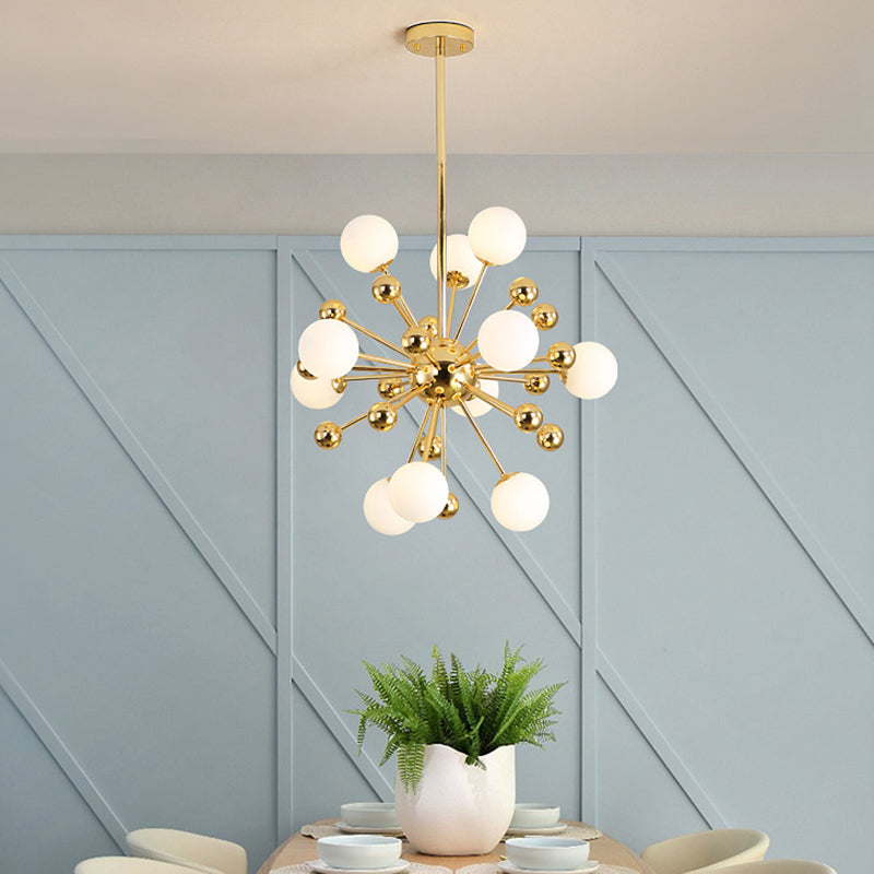 Designer Starburst Metal Chandelier Multi Lights Gold Ceiling Pendant Lamp with White Glass Ball Shade, 23.5"/31.5"/39" Wide Clearhalo 'Ceiling Lights' 'Chandeliers' 'Modern Chandeliers' 'Modern' Lighting' 409447