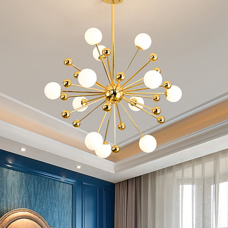 Designer Starburst Metal Chandelier Multi Lights Gold Ceiling Pendant Lamp with White Glass Ball Shade, 23.5"/31.5"/39" Wide Clearhalo 'Ceiling Lights' 'Chandeliers' 'Modern Chandeliers' 'Modern' Lighting' 409448