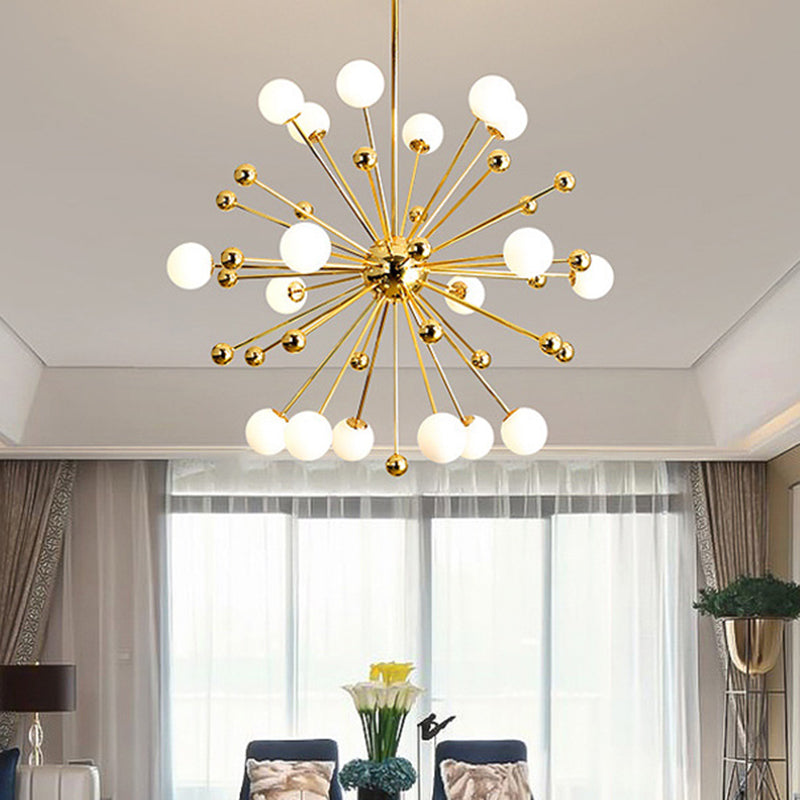 Designer Starburst Metal Chandelier Multi Lights Gold Ceiling Pendant Lamp with White Glass Ball Shade, 23.5"/31.5"/39" Wide Clearhalo 'Ceiling Lights' 'Chandeliers' 'Modern Chandeliers' 'Modern' Lighting' 409449