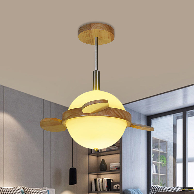 15" W Milk Glass Globe Semi Flush Mount Light Nordic 1 Head Light Fixture Ceiling in Wood for Balcony Wood Clearhalo 'Ceiling Lights' 'Close To Ceiling Lights' 'Close to ceiling' 'Semi-flushmount' Lighting' 409925