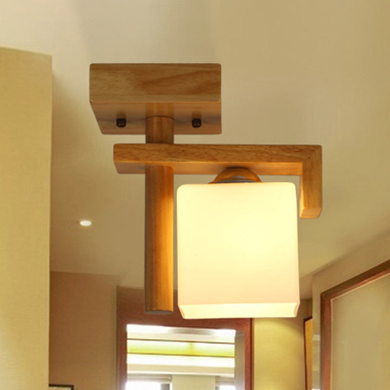 Square Frosted Glass Ceiling Flush Light Contemporary 1 Light Semi Flushmount Lamp in Wood for Staircase Wood A Clearhalo 'Ceiling Lights' 'Close To Ceiling Lights' 'Close to ceiling' 'Flush mount' Lighting' 410087