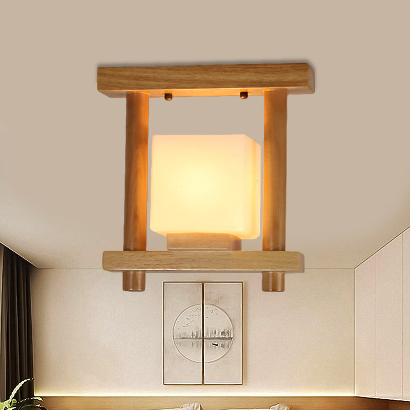 Square Frosted Glass Ceiling Flush Light Contemporary 1 Light Semi Flushmount Lamp in Wood for Staircase Wood B Clearhalo 'Ceiling Lights' 'Close To Ceiling Lights' 'Close to ceiling' 'Flush mount' Lighting' 410088