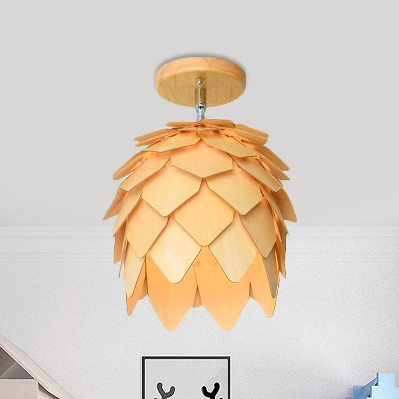 Wooden Square/Trumpet/Pineapple Semi-Flush Ceiling Fixture Contemporary 1 Light Indoor Ceiling Mounted Light Wood Pineapple Clearhalo 'Ceiling Lights' 'Close To Ceiling Lights' 'Close to ceiling' 'Flush mount' Lighting' 410129