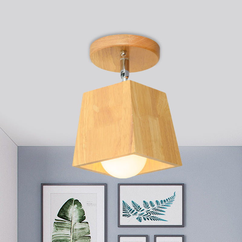 Wooden Square/Trumpet/Pineapple Semi-Flush Ceiling Fixture Contemporary 1 Light Indoor Ceiling Mounted Light Wood Square Clearhalo 'Ceiling Lights' 'Close To Ceiling Lights' 'Close to ceiling' 'Flush mount' Lighting' 410131