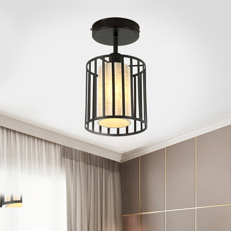 Conical/Cylindrical Shade Ceiling Flush Mount with Metal Cage Simple 1 Bulb Semi-Flushmount Lamp in Black Finish Black Cylinder Clearhalo 'Ceiling Lights' 'Close To Ceiling Lights' 'Close to ceiling' 'Flush mount' Lighting' 410264