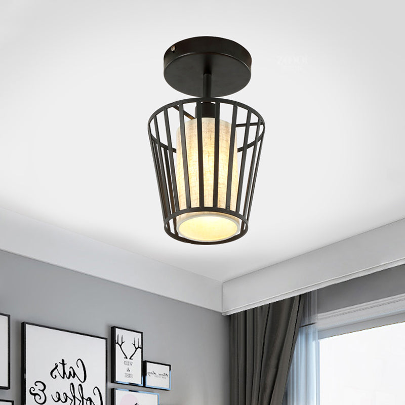 Conical/Cylindrical Shade Ceiling Flush Mount with Metal Cage Simple 1 Bulb Semi-Flushmount Lamp in Black Finish Black Cone Clearhalo 'Ceiling Lights' 'Close To Ceiling Lights' 'Close to ceiling' 'Flush mount' Lighting' 410265