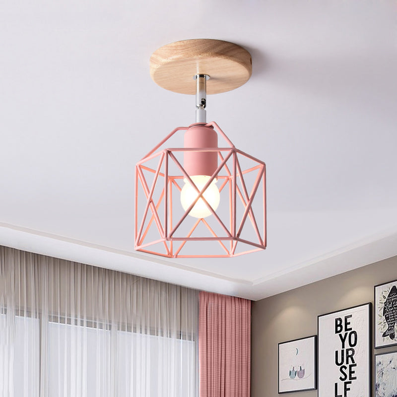 Gray/White/Pink/Yellow/Blue/Green Hexagon Ceiling Light Fixture Metal Modernist 1 Head Semi Flush Mount Ceiling Light for Bedroom Clearhalo 'Ceiling Lights' 'Close To Ceiling Lights' 'Close to ceiling' 'Semi-flushmount' Lighting' 410405