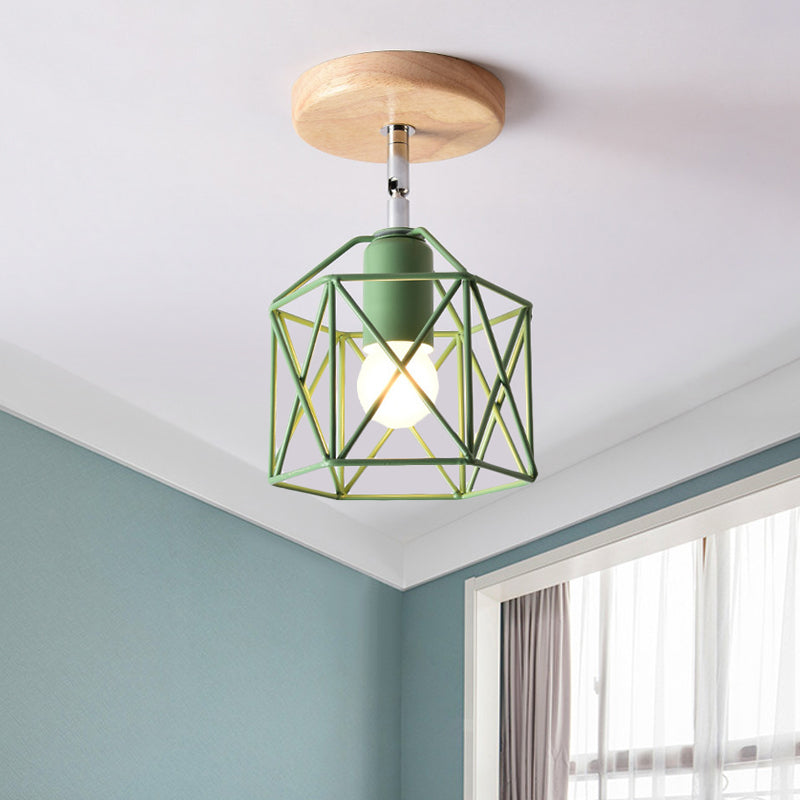 Gray/White/Pink/Yellow/Blue/Green Hexagon Ceiling Light Fixture Metal Modernist 1 Head Semi Flush Mount Ceiling Light for Bedroom Green Clearhalo 'Ceiling Lights' 'Close To Ceiling Lights' 'Close to ceiling' 'Semi-flushmount' Lighting' 410406