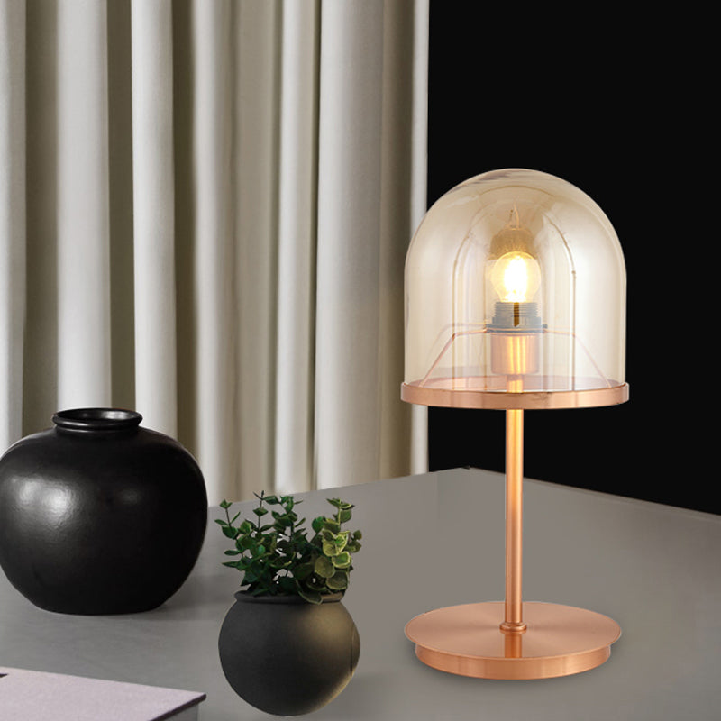 1-Head Restaurant Night Lamp Modernism Rose Gold Metal Table Lighting with Dome Amber Glass Shade Clearhalo 'Lamps' 'Table Lamps' Lighting' 410510