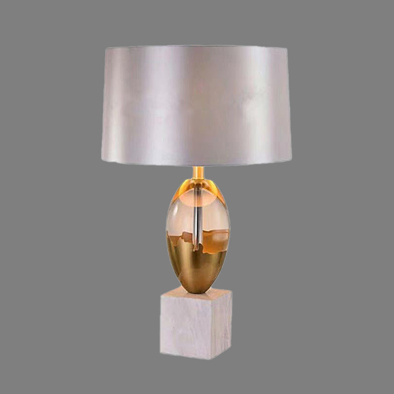 Fabric Drum Desk Light Modern 1 Head Grey Night Table Lamp with White Square Marble Base Clearhalo 'Lamps' 'Table Lamps' Lighting' 410888