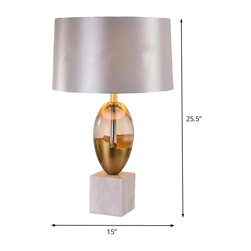 Fabric Drum Desk Light Modern 1 Head Grey Night Table Lamp with White Square Marble Base Clearhalo 'Lamps' 'Table Lamps' Lighting' 410889