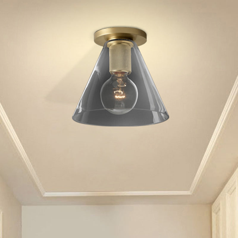 Globe/Cone/Cylinder/Trumpet Glass Flush Pendant Ceiling Light Modern 1 Light Flushmount Lighting in Brass for Balcony Clearhalo 'Ceiling Lights' 'Close To Ceiling Lights' 'Close to ceiling' 'Flush mount' Lighting' 411005