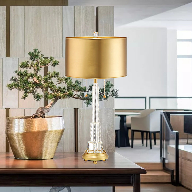 Cylinder Metal Task Lighting Modernist 2 Bulbs Gold Reading Lamp with On/Off Pull Chain Gold Clearhalo 'Lamps' 'Table Lamps' Lighting' 411308