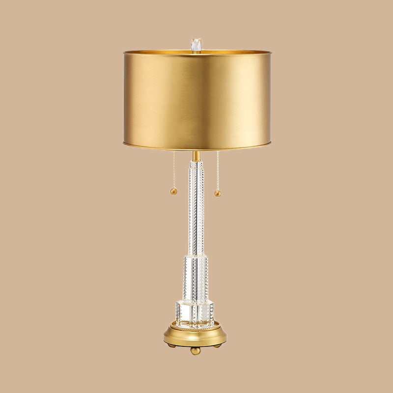 Cylinder Metal Task Lighting Modernist 2 Bulbs Gold Reading Lamp with On/Off Pull Chain Clearhalo 'Lamps' 'Table Lamps' Lighting' 411311