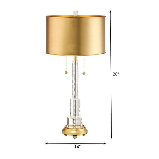 Cylinder Metal Task Lighting Modernist 2 Bulbs Gold Reading Lamp with On/Off Pull Chain Clearhalo 'Lamps' 'Table Lamps' Lighting' 411312