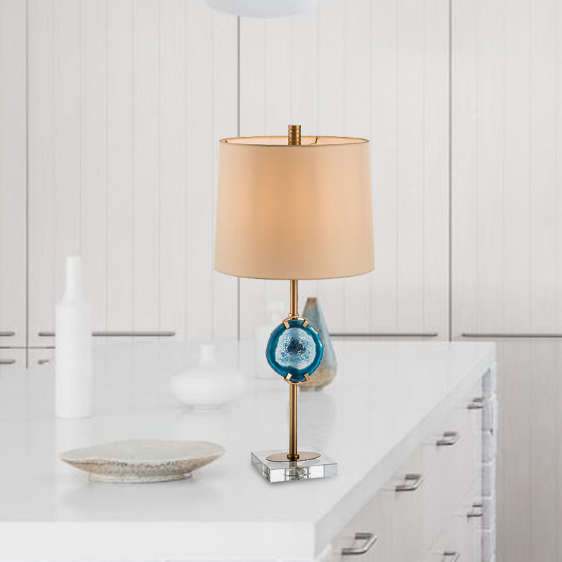 1 Head Living Room Desk Light Modern Blue Night Table Lamp with Barrel Fabric Shade Blue Clearhalo 'Lamps' 'Table Lamps' Lighting' 411880