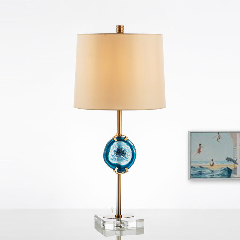 1 Head Living Room Desk Light Modern Blue Night Table Lamp with Barrel Fabric Shade Clearhalo 'Lamps' 'Table Lamps' Lighting' 411881