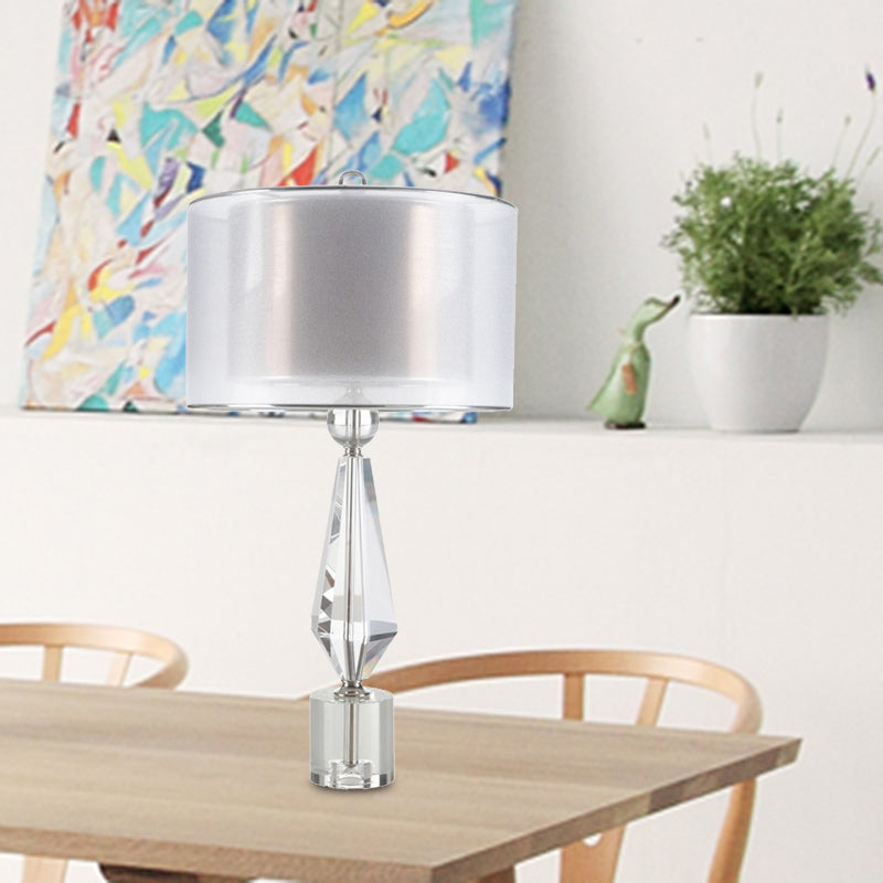 Fabric Cylinder Desk Light Modernist 1 Bulb White Night Table Lamp with Clear Crystal Base Clearhalo 'Lamps' 'Table Lamps' Lighting' 412677